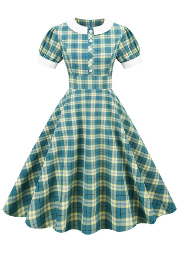 Jewel Neck Green Grid 1950s Dress with Short Sleeves
